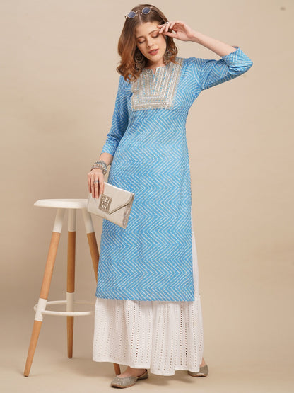 Bandhani Printed & Zari Embroidered Straight Fit Kurta - Light Blue