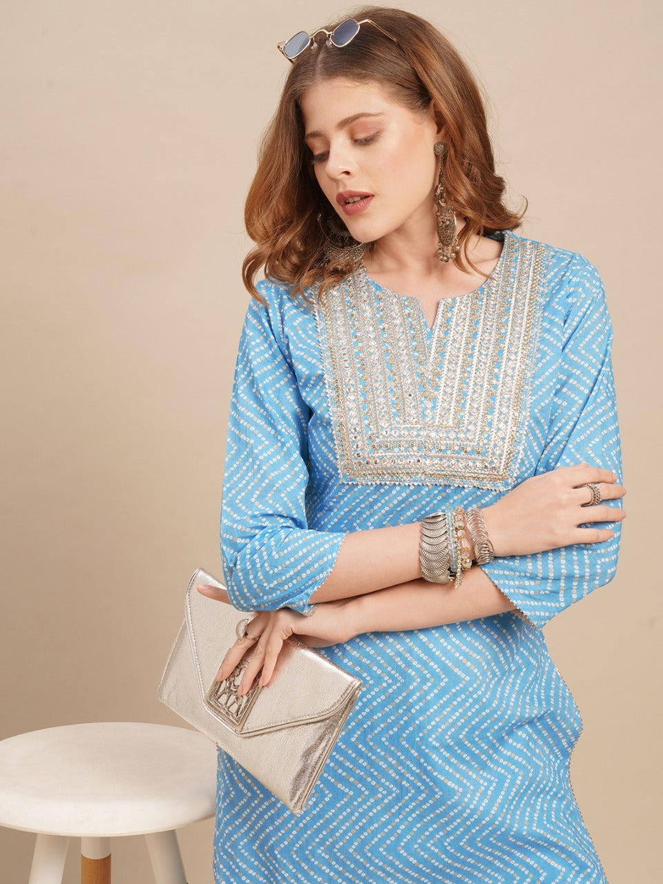 Bandhani Printed & Zari Embroidered Straight Fit Kurta - Light Blue