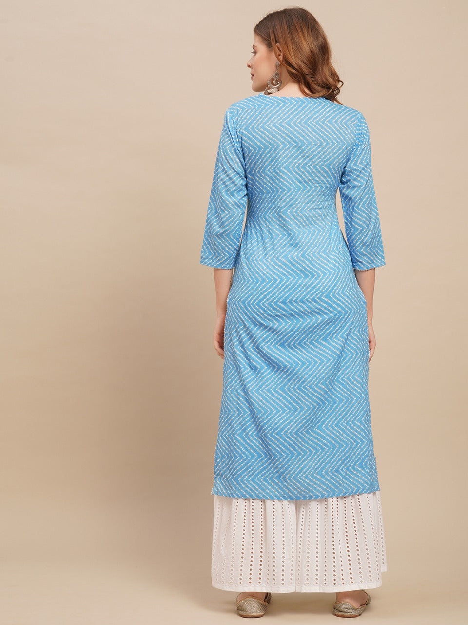 Bandhani Printed & Zari Embroidered Straight Fit Kurta - Light Blue