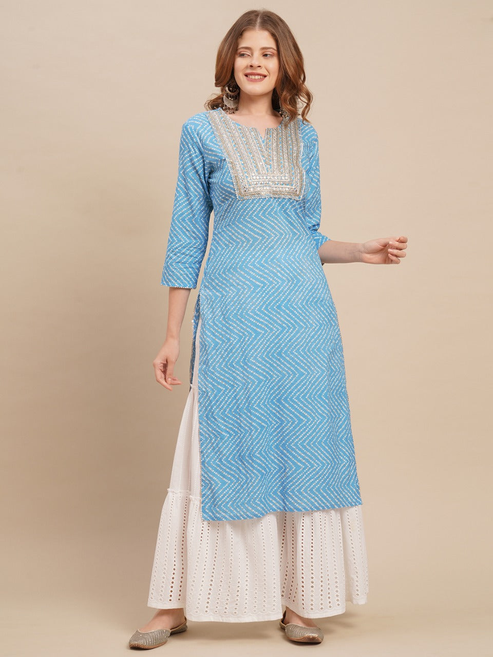 Bandhani Printed & Zari Embroidered Straight Fit Kurta - Light Blue