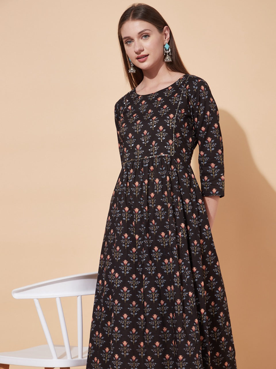 Floral Printed & Hand Embroidered A-Line Flared Maxi Dress - Black