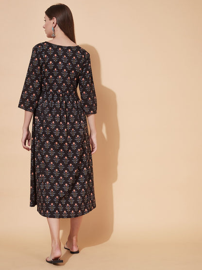 Floral Printed & Hand Embroidered A-Line Flared Maxi Dress - Black