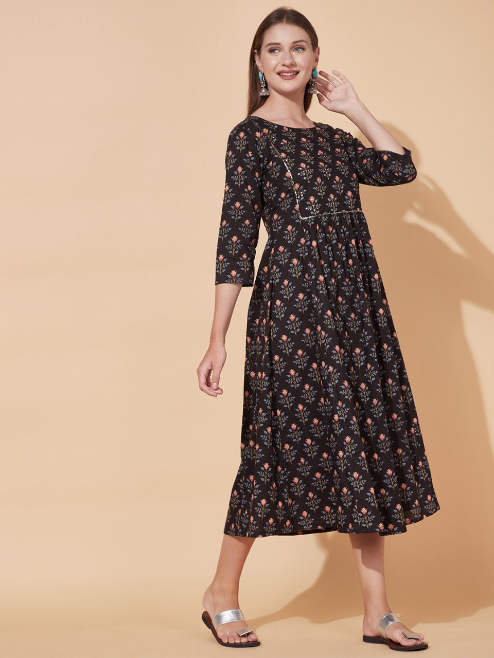 Floral Printed & Hand Embroidered A-Line Flared Maxi Dress - Black