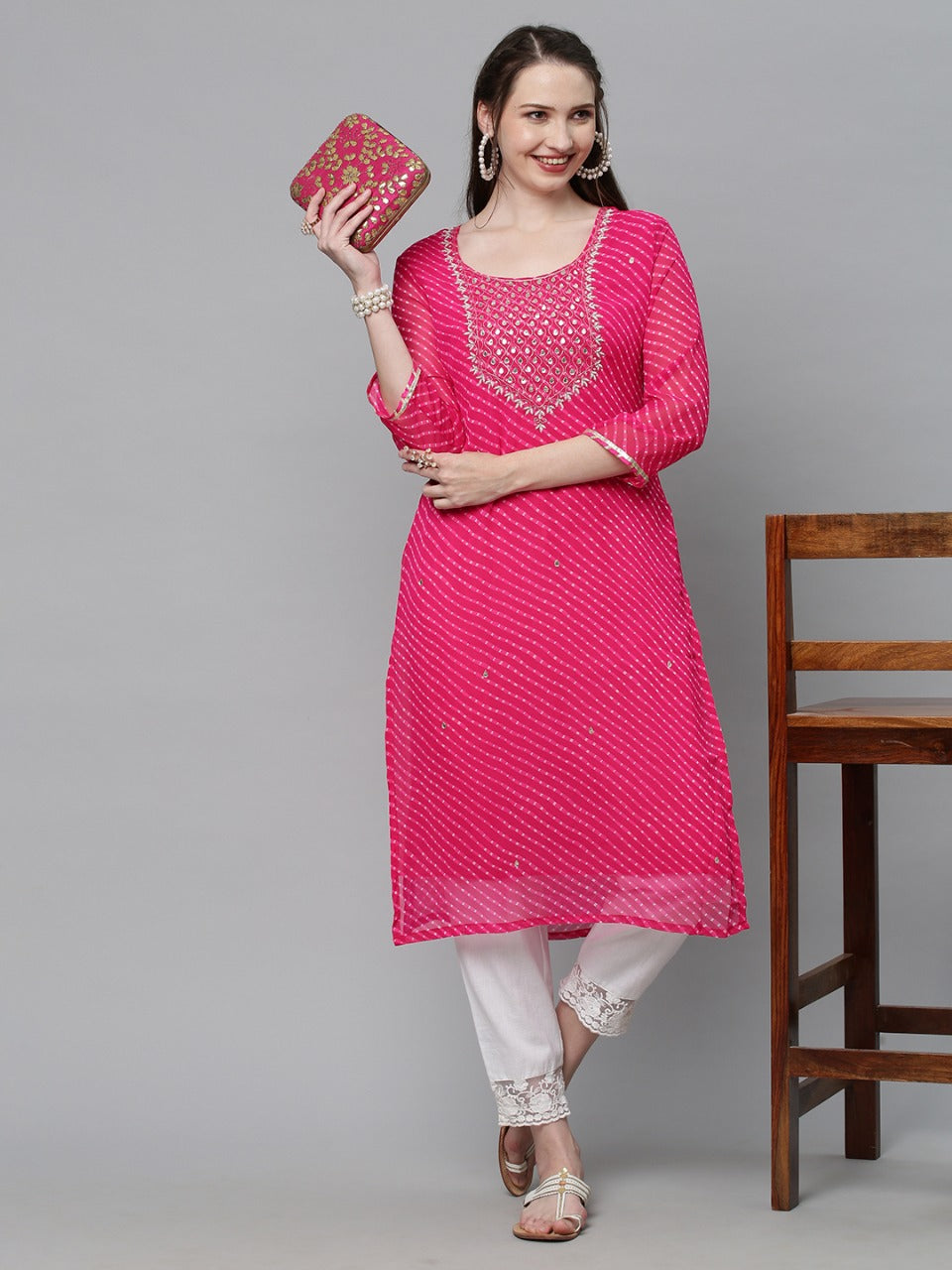 Leheriya Printed & Embroidered Straight Fit Kurta - Pink