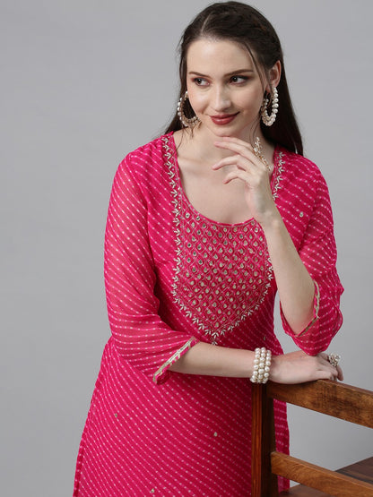 Leheriya Printed & Embroidered Straight Fit Kurta - Pink