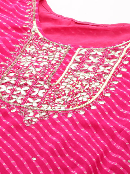 Leheriya Printed & Embroidered Straight Fit Kurta - Pink