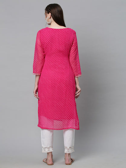 Leheriya Printed & Embroidered Straight Fit Kurta - Pink