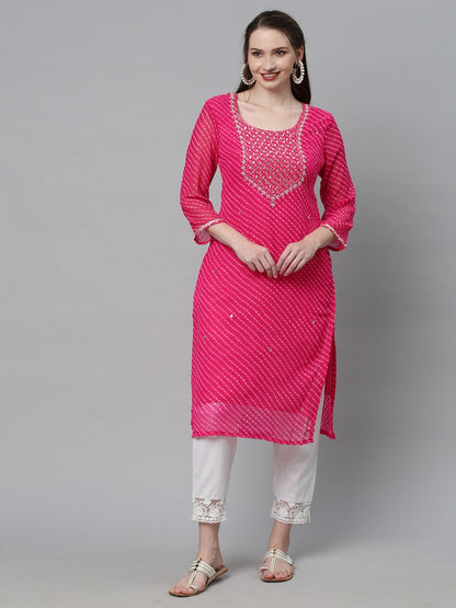 Leheriya Printed & Embroidered Straight Fit Kurta - Pink