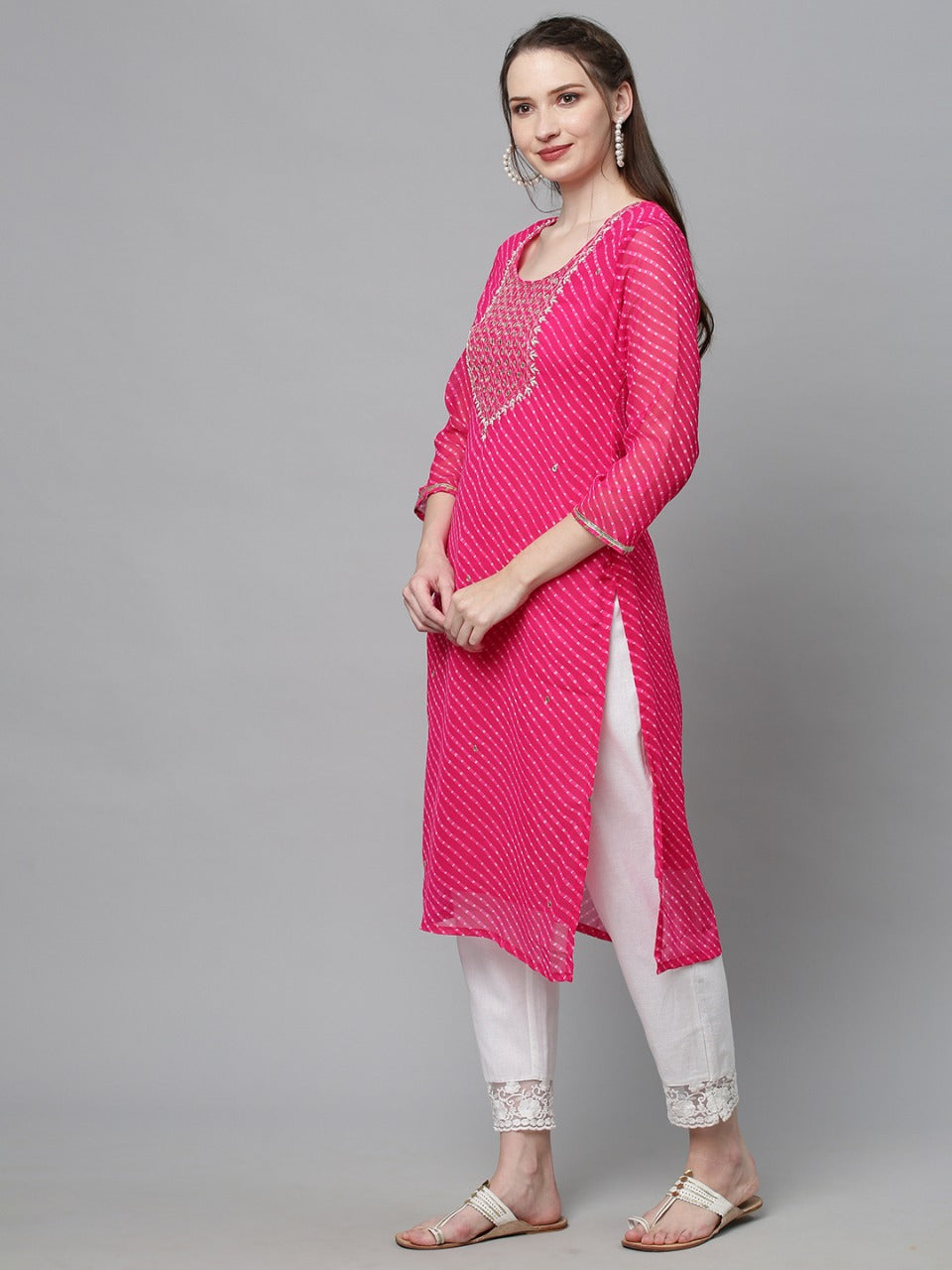 Leheriya Printed & Embroidered Straight Fit Kurta - Pink