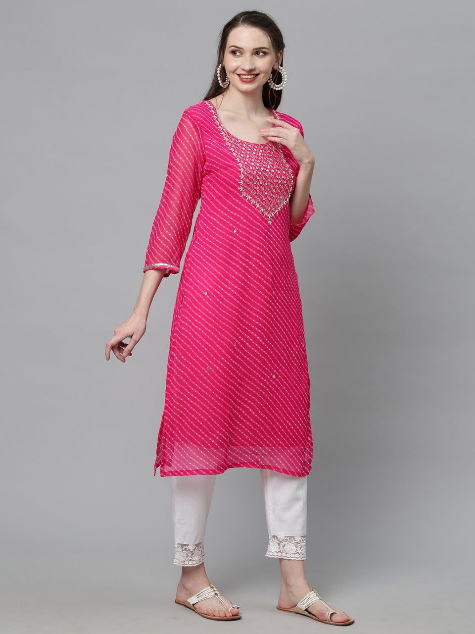 Leheriya Printed & Embroidered Straight Fit Kurta - Pink