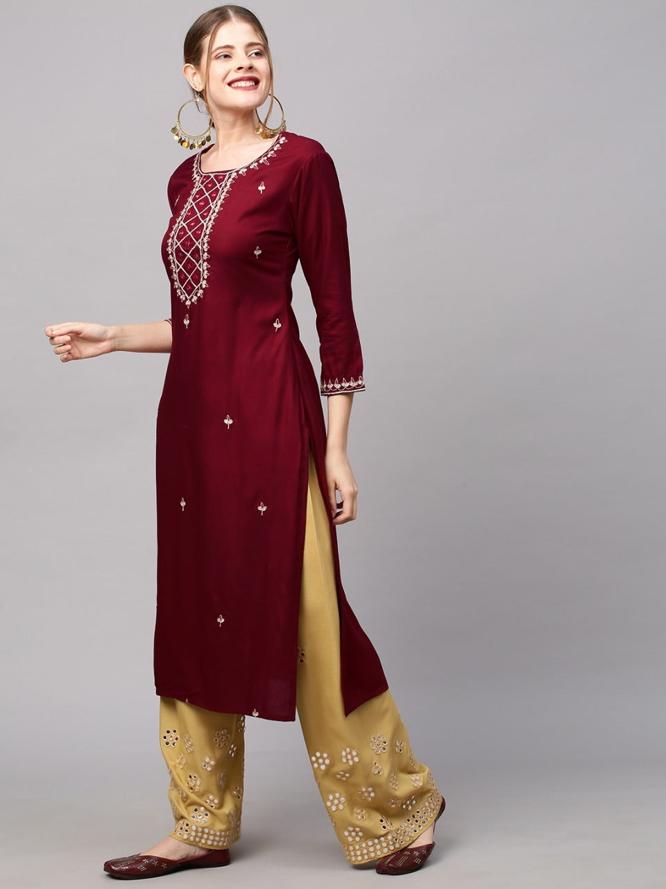 Ethnic Embroidered Straight Fit Kurta - Maroon