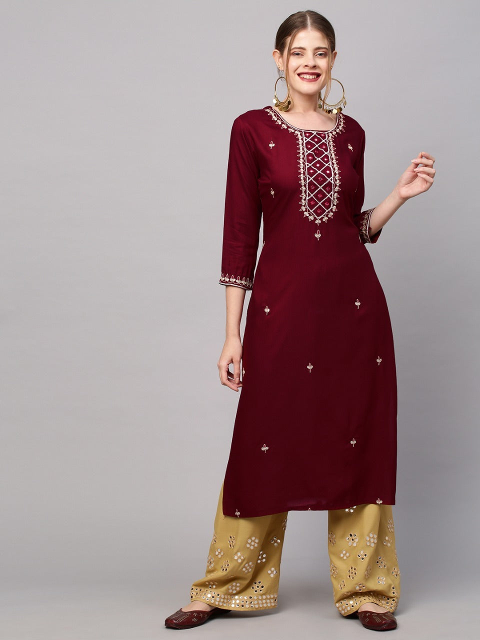 Ethnic Embroidered Straight Fit Kurta - Maroon