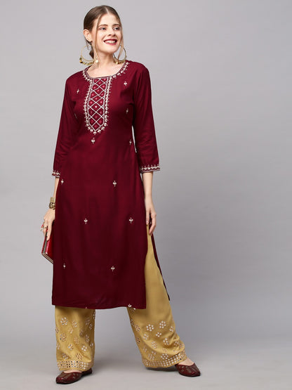 Ethnic Embroidered Straight Fit Kurta - Maroon