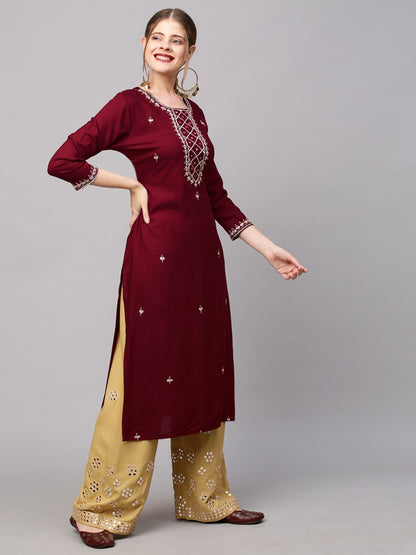 Ethnic Embroidered Straight Fit Kurta - Maroon