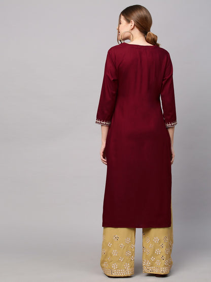 Ethnic Embroidered Straight Fit Kurta - Maroon