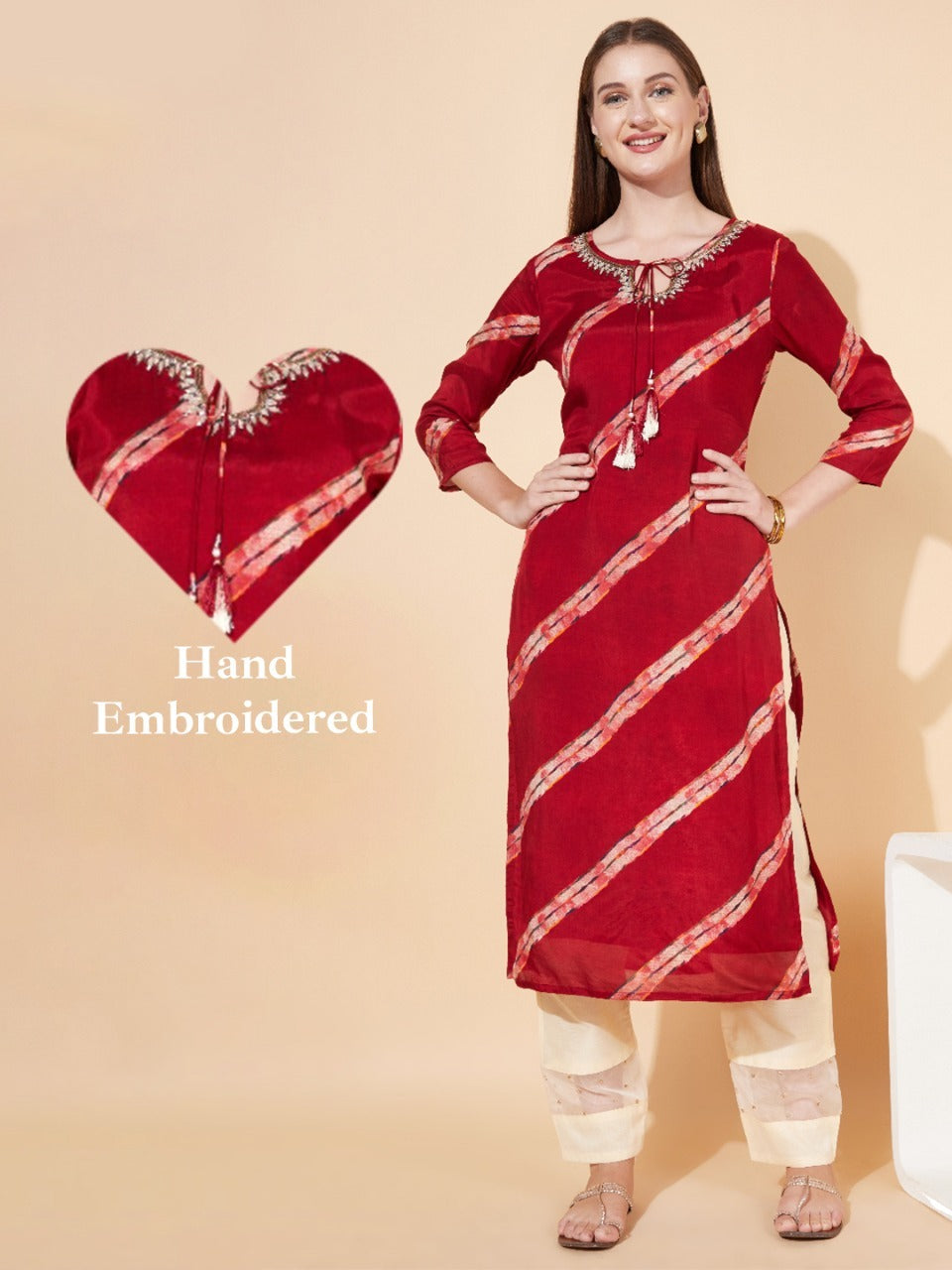 Ethnic Stripes Printed & Hand Embroidered Straight Fit Kurta - Maroon