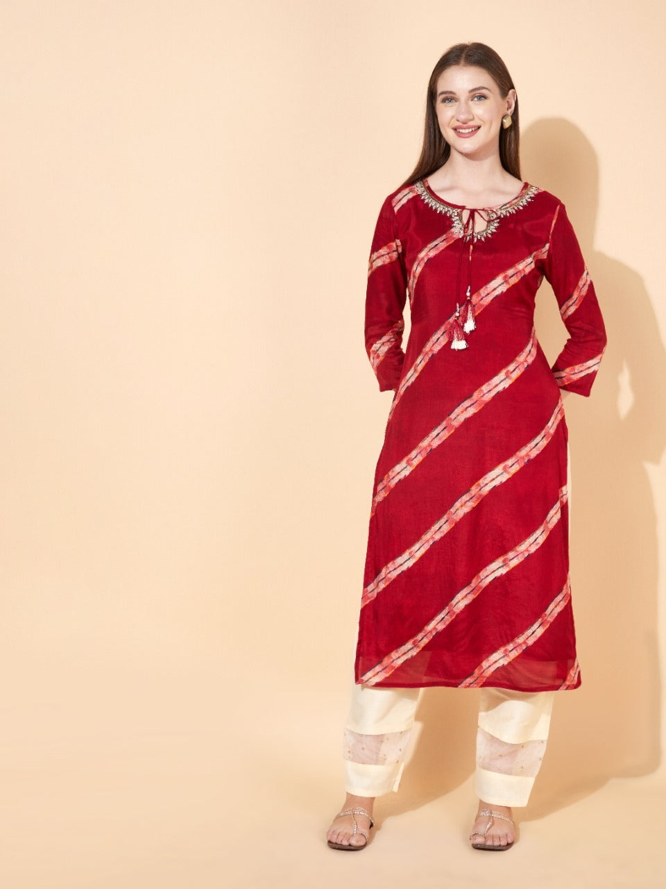 Ethnic Stripes Printed & Hand Embroidered Straight Fit Kurta - Maroon