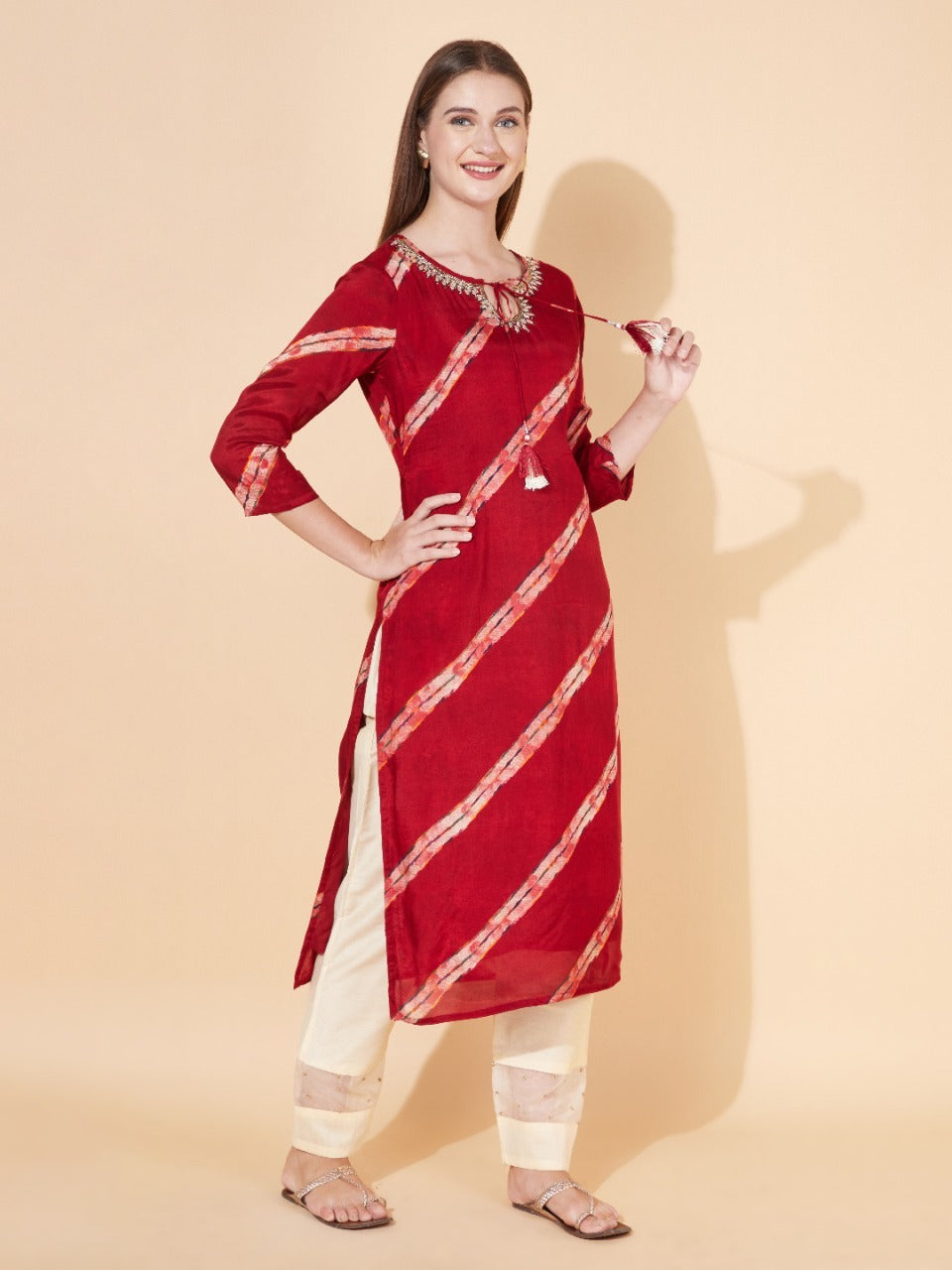 Ethnic Stripes Printed & Hand Embroidered Straight Fit Kurta - Maroon