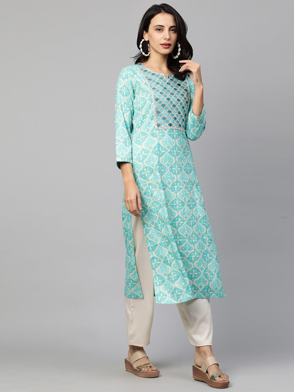 Embroidered & Printed Straight Kurta only - Cyan Blue