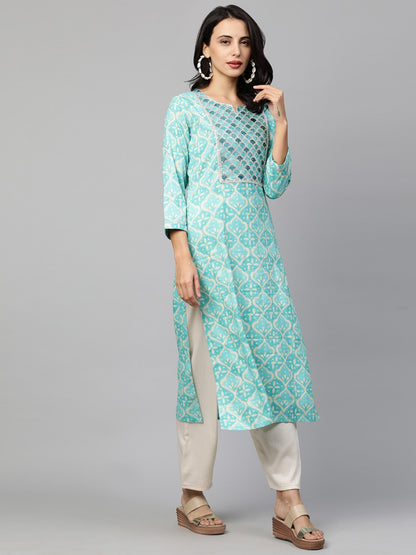 Embroidered & Printed Straight Kurta only - Cyan Blue