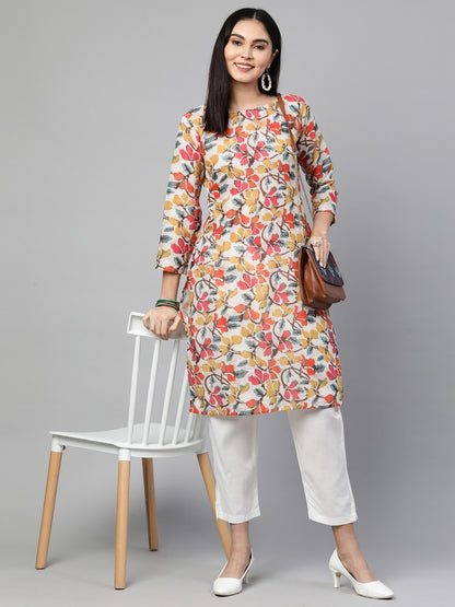 Floral Printed Kurta with Solid Pant – Beige