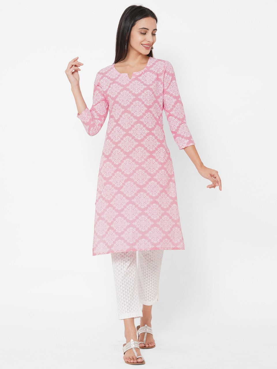 Ethnic Khari Printed Straight Kurta With Khari Printed Pant – Baby Pink