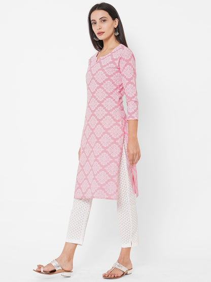 Ethnic Khari Printed Straight Kurta With Khari Printed Pant – Baby Pink