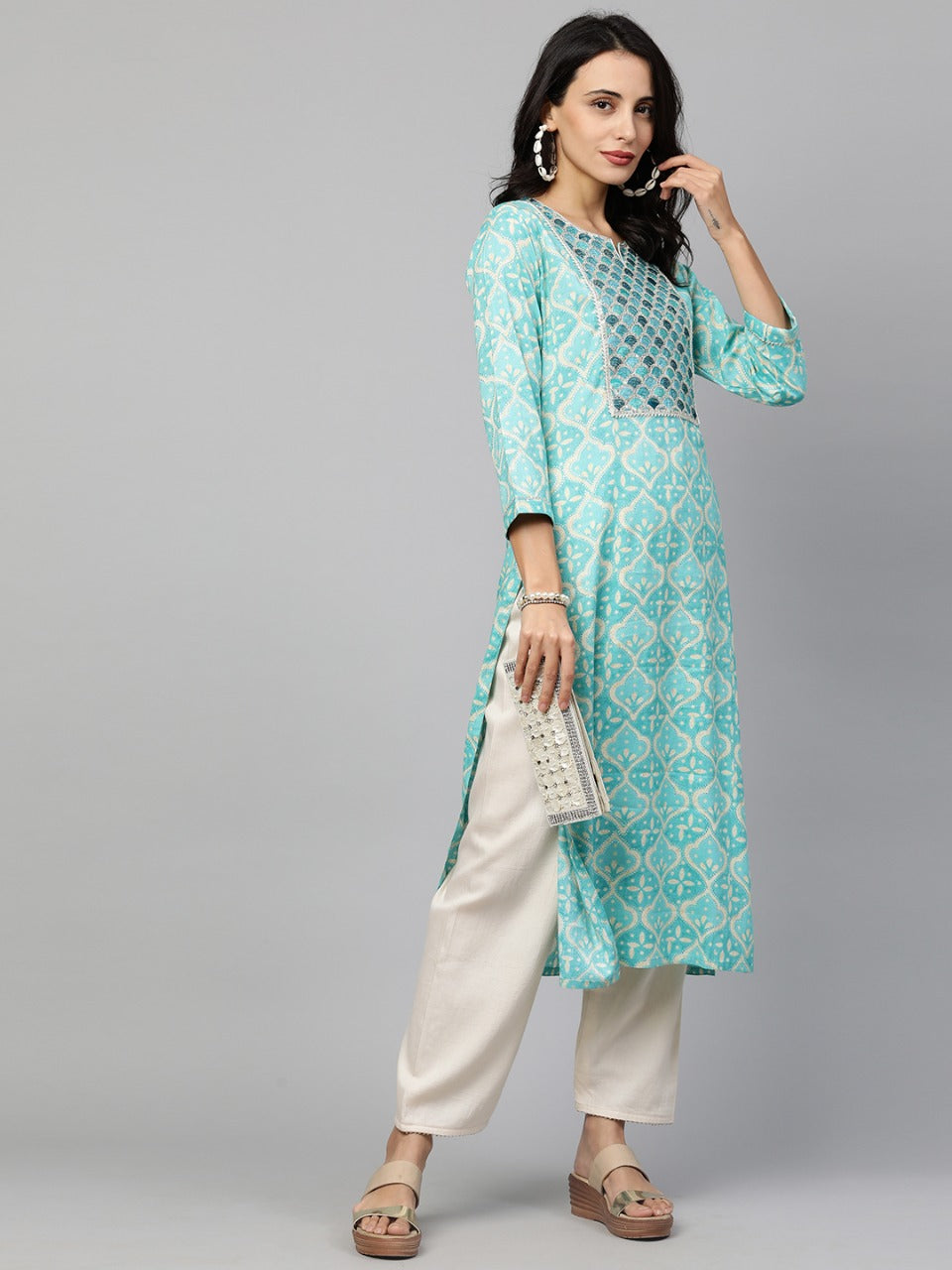 Embroidered & Printed Straight Kurta only - Cyan Blue