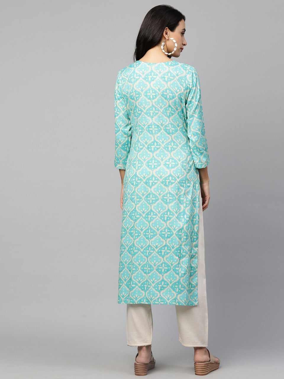 Embroidered & Printed Straight Kurta only - Cyan Blue