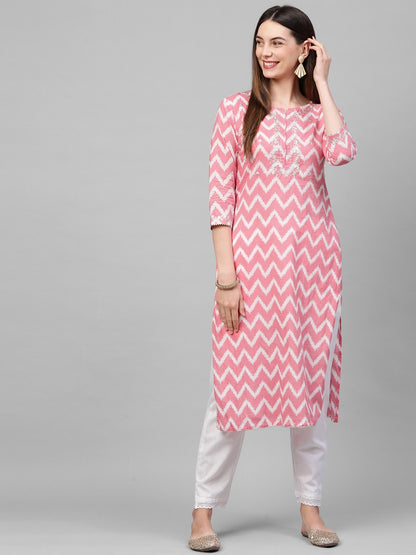 Chevron Printed & Zari Embroidered Kurta With Solid Pant & 2-Ply Mask - Pink