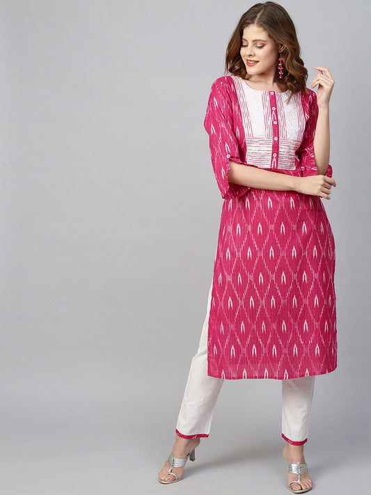 Ikat Printed & Lurex Striped Kurta with Pant - Rani Pink