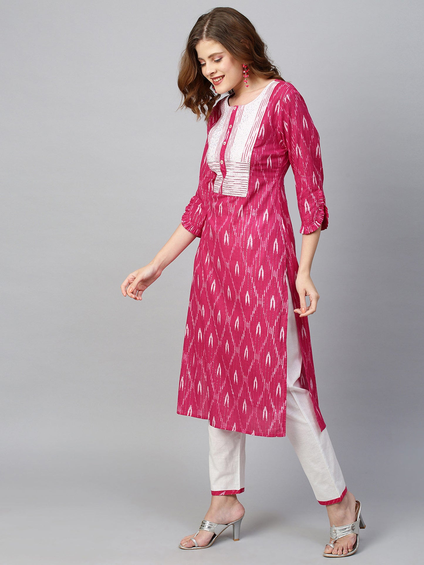 Ikat Printed & Lurex Striped Kurta with Pant - Rani Pink