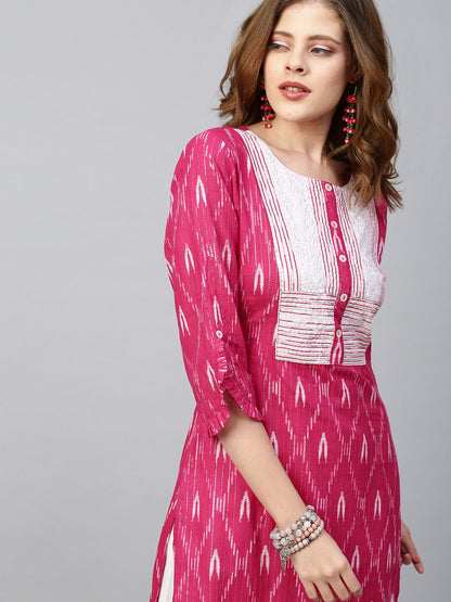 Ikat Printed & Lurex Striped Kurta with Pant - Rani Pink