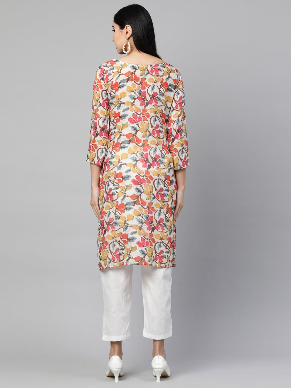 Floral Printed Kurta with Solid Pant – Beige