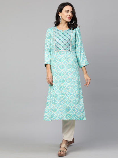 Embroidered & Printed Straight Kurta only - Cyan Blue