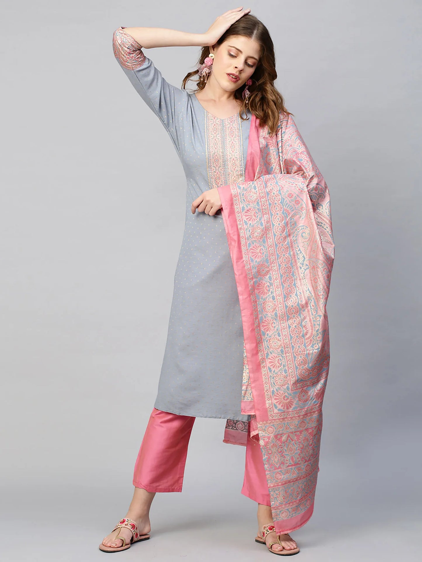 Solid Dobby Rayon Straight Kurta & Pants and Dupatta - Gray