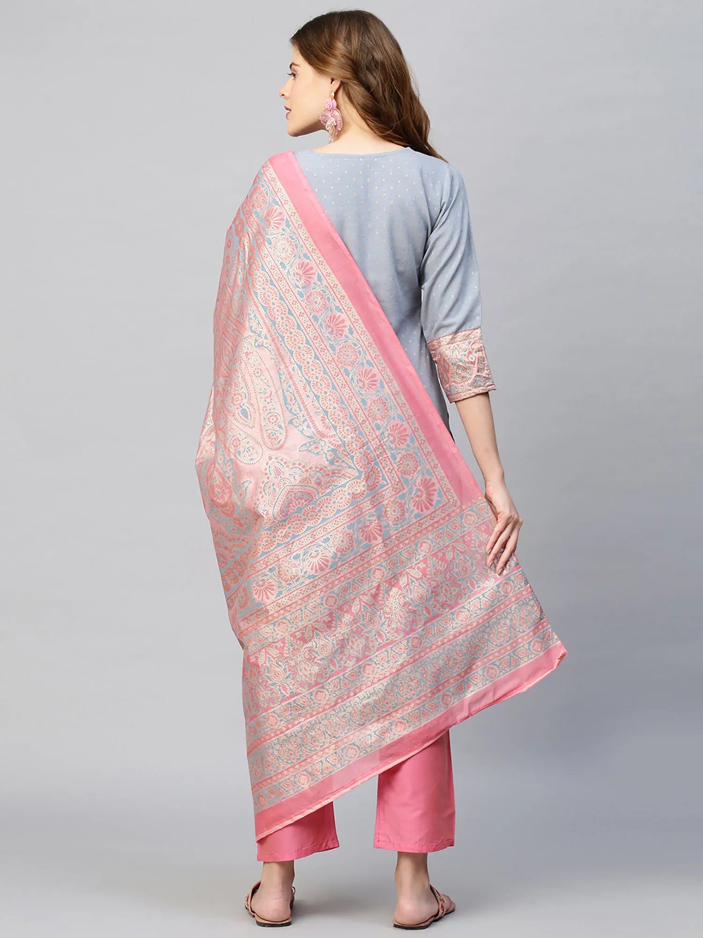 Solid Dobby Rayon Straight Kurta & Pants and Dupatta - Gray