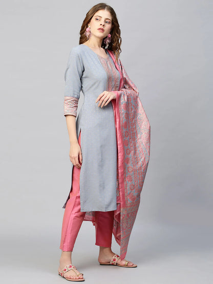 Solid Dobby Rayon Straight Kurta & Pants and Dupatta - Gray