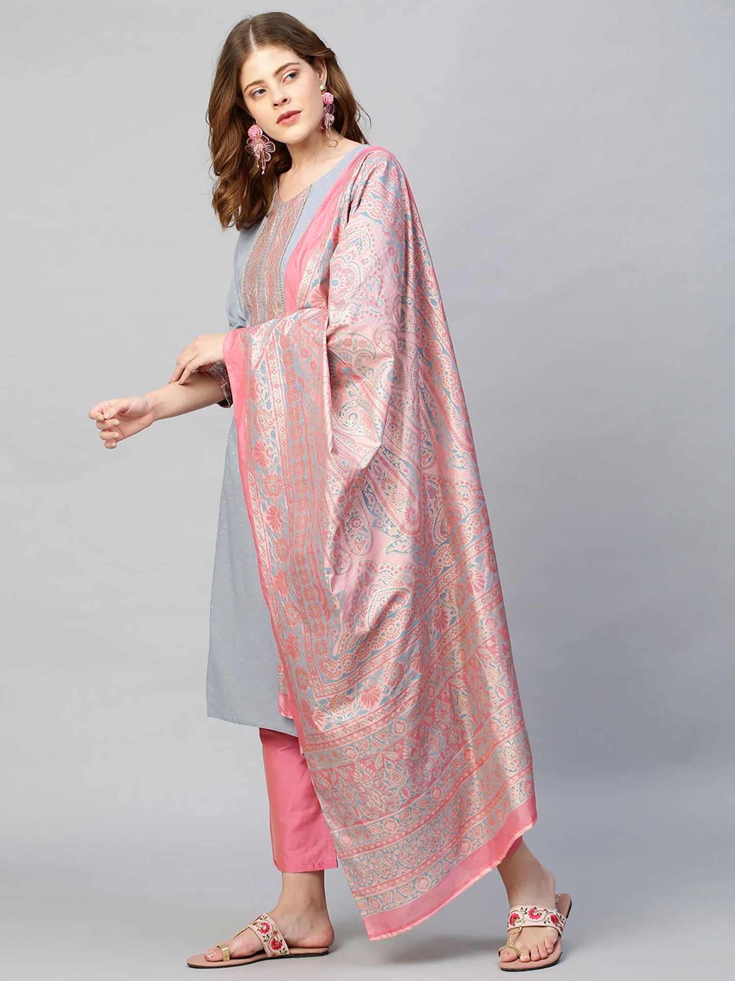 Solid Dobby Rayon Straight Kurta & Pants and Dupatta - Gray