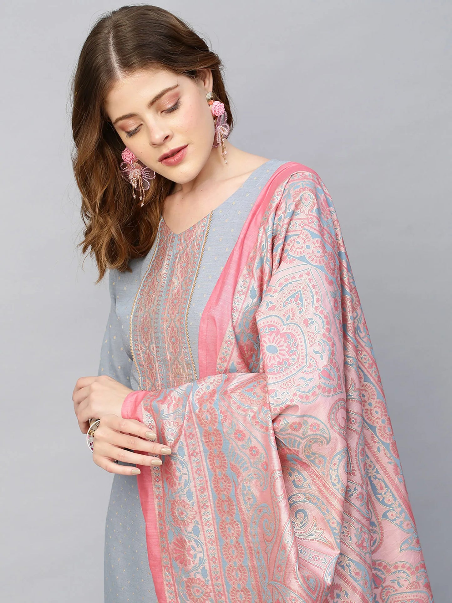 Solid Dobby Rayon Straight Kurta & Pants and Dupatta - Gray