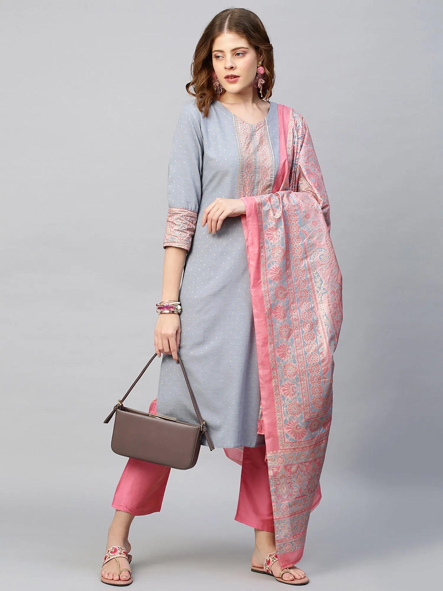 Solid Dobby Rayon Straight Kurta & Pants and Dupatta - Gray