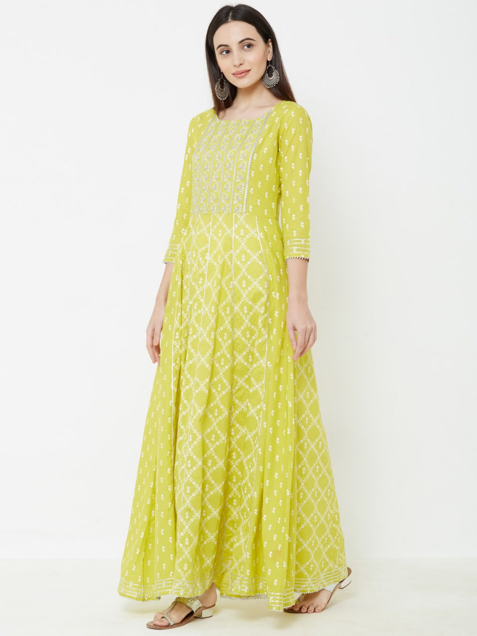 Silver Zari Embroidered & Gota Embellished Multi Panelled Maxi – Chartreuse Green